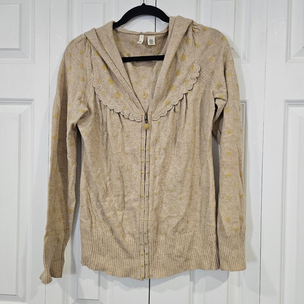 Moth Women Hooded Zip Wool Blend Cardigan Sweater Tan Yellow Dots Large Ruffle - Picture 9 of 9